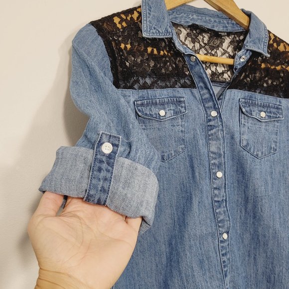 Guess | Denim Chambray Long Sleeve Pearl Snap Shirt Top Black Lace Yoke 14 - Picture 8 of 10